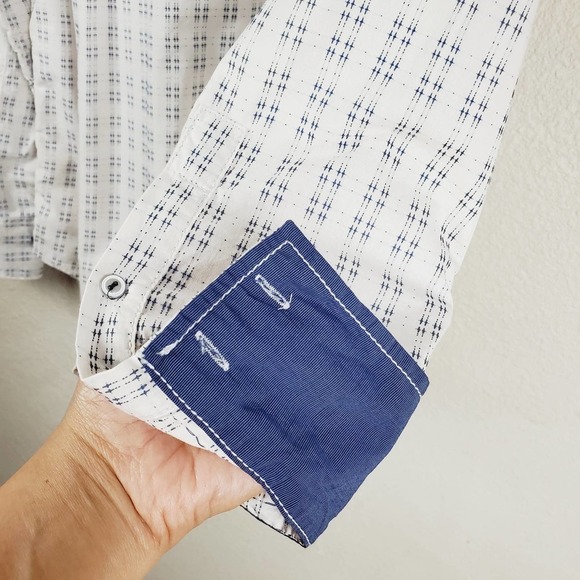 INC Style Oatmeal Faux Leather Trim Button-up Top - Picture 9 of 12